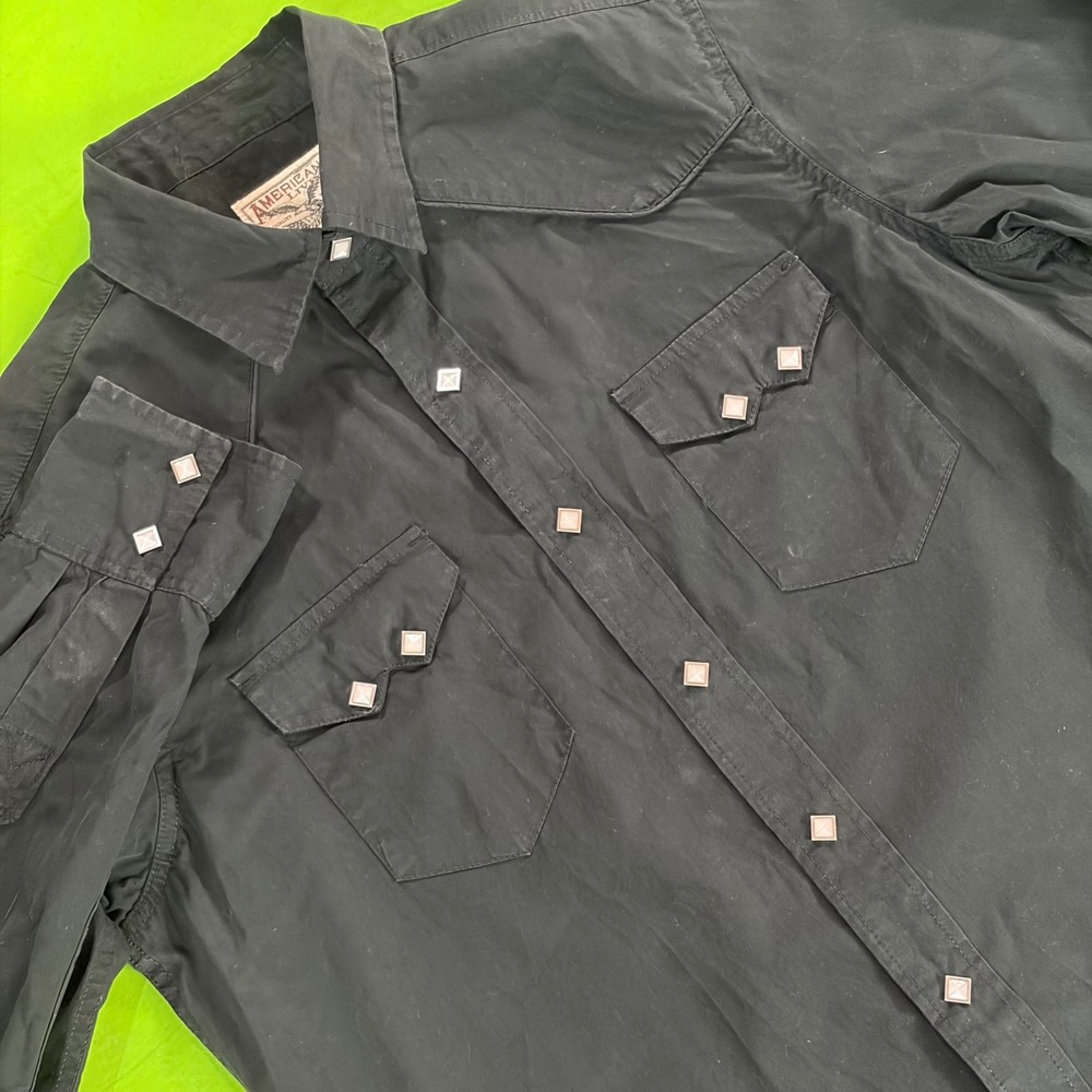 American Living Western Shirt Mens M Black Diamond Pearl Snaps 100 Cotton Cowboy